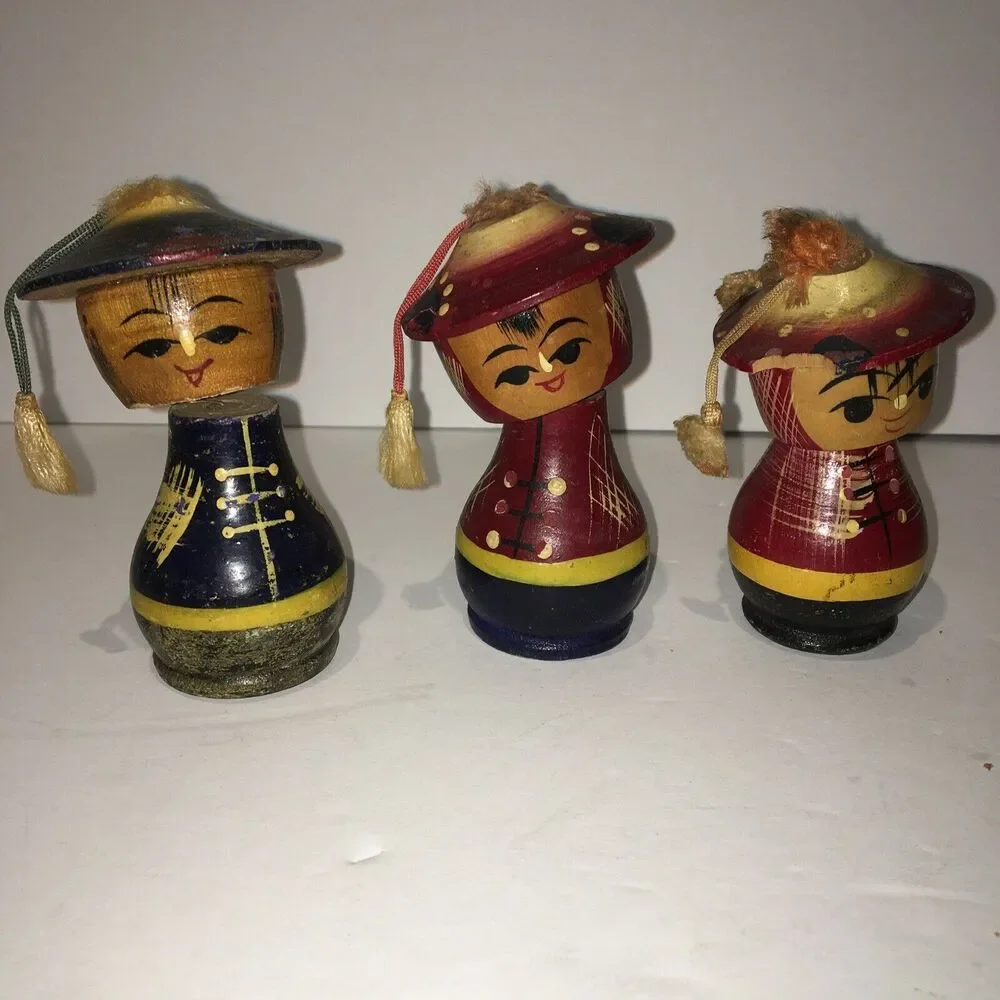 Set Of 3 Vintage Kokeshi Japanese Wood Bobble Head Dolls